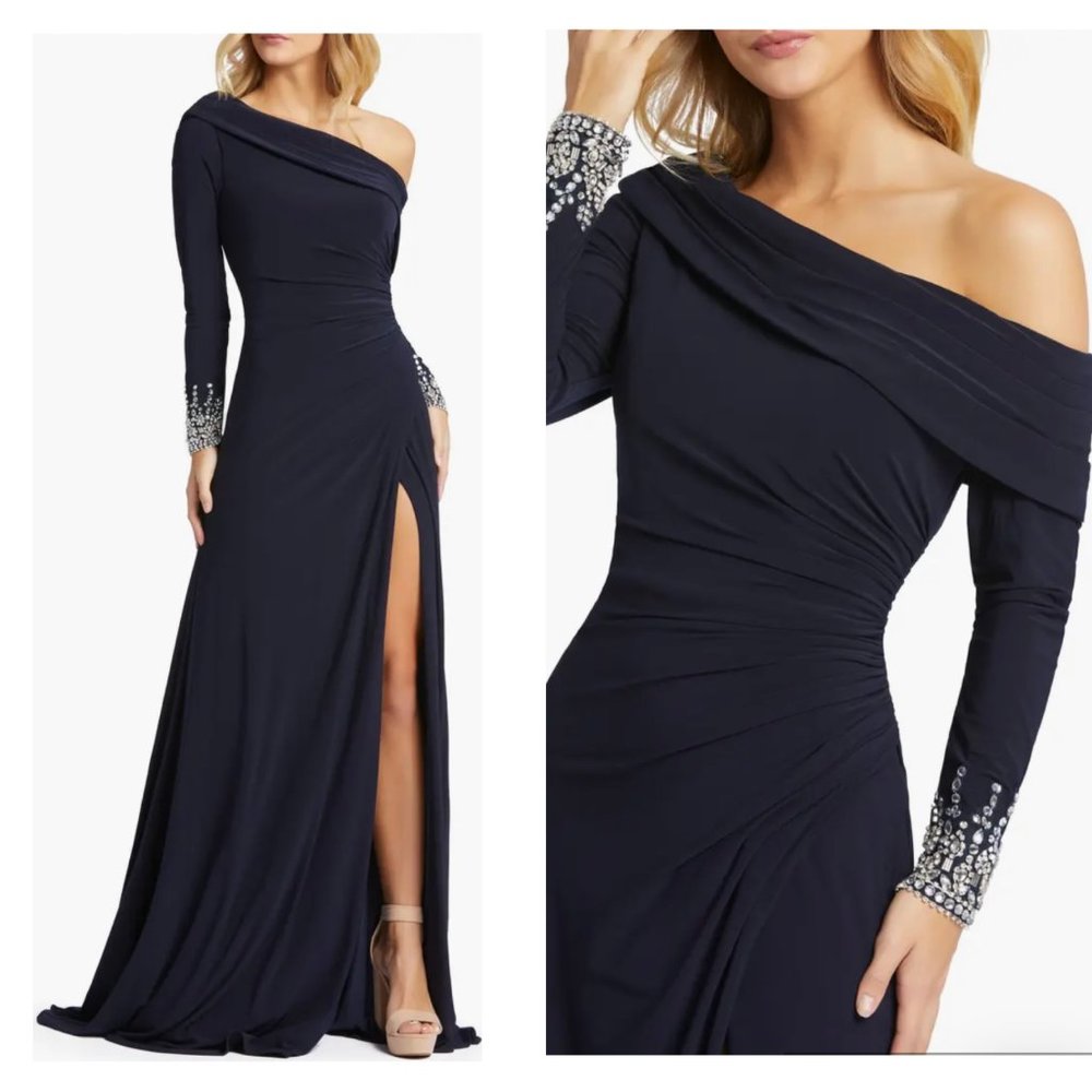 Mac Duggal off shoulder jersey long sleeve leg slit gown FINAL PRICE NO OFFERS